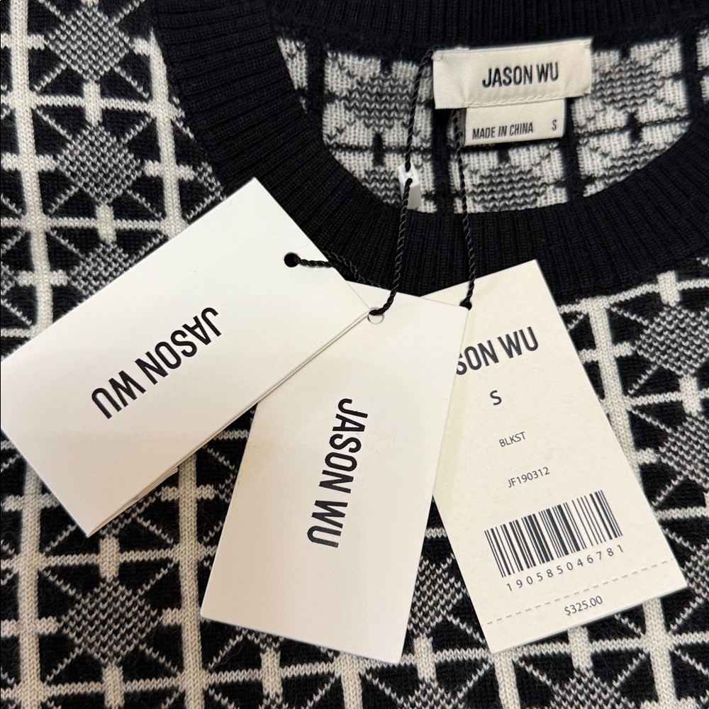 Jason Wu Merino Wool Black and Cream Geometric Sweater - Picture 2 of 6